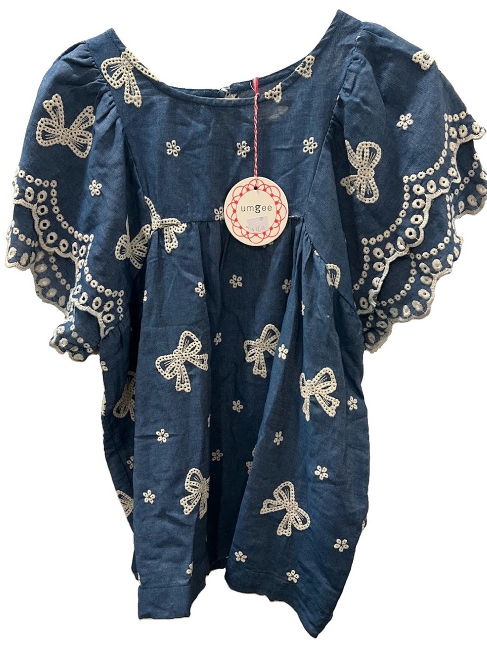 NWT Umgee Blue Denim Embroidered Bow Top